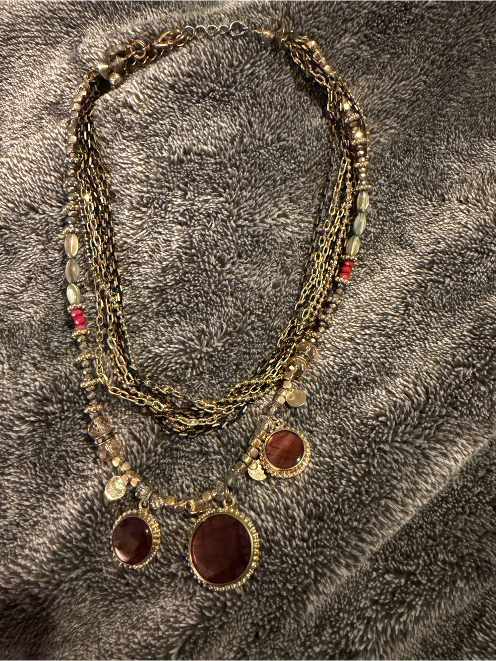 Sara Bella - Multistrand Gold-Tone Necklace with Brown Stone Pendants